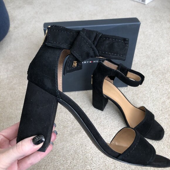 Tommy Hilfiger Womens Black Suede Zip Up Open Toe Block Heeled Sandal Size 8.5 - Picture 2 of 10
